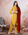 Ari Embroidered Cotton Linen Kurta Set with Lace-Edged Dupatta