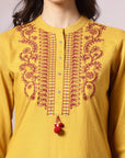 Ari Embroidered Cotton Linen Kurta Set with Lace-Edged Dupatta