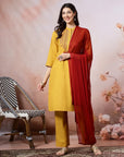 Ari Embroidered Cotton Linen Kurta Set with Lace-Edged Dupatta