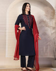 Solid Straight Cotton Linen Kurta Set with Ari Embroidery