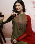 Ari Embroidered Cotton Linen Kurta Set with Lace-Edged Dupatta