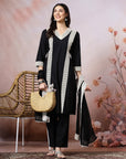 Solid Straight Cotton Kurta Set with Lace Detailing & Laced Dupatta