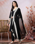 Cotton V-Neck Kurta Set with Paisley Embroidery & Contrast Accents
