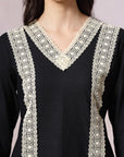 Solid Straight Cotton Kurta Set with Lace Detailing & Laced Dupatta