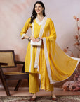 Solid Straight Cotton Kurta Set with Lace Detailing & Laced Dupatta