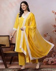 Solid Straight Cotton Kurta Set with Lace Detailing & Laced Dupatta