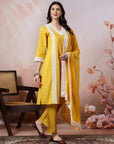 Solid Straight Cotton Kurta Set with Lace Detailing & Laced Dupatta