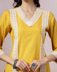 Solid Straight Cotton Kurta Set with Lace Detailing & Laced Dupatta