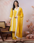 Solid Straight Cotton Kurta Set with Lace Detailing & Laced Dupatta