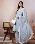 Solid Straight Cotton Kurta Set with Lace Detailing & Laced Dupatta