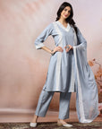 Solid Straight Cotton Kurta Set with Lace Detailing & Laced Dupatta