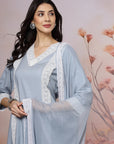 Solid Straight Cotton Kurta Set with Lace Detailing & Laced Dupatta