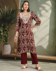 Ethnic Motif Printed Viscose Rayon Kurta Set with Thread Embroidery
