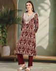 Ethnic Motif Printed Viscose Rayon Kurta Set with Thread Embroidery