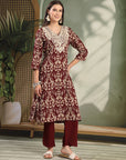 Ethnic Motif Printed Viscose Rayon Kurta Set with Thread Embroidery