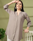 Grey Rayon Crinkle Shirt with Embroidered Back & Lace Inserts