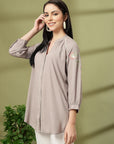 Grey Rayon Crinkle Shirt with Embroidered Back & Lace Inserts