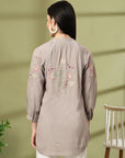 Grey Rayon Crinkle Shirt with Embroidered Back & Lace Inserts