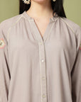 Grey Rayon Crinkle Shirt with Embroidered Back & Lace Inserts