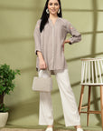Grey Rayon Crinkle Shirt with Embroidered Back & Lace Inserts