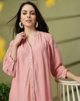 Pink Rayon Crinkle Shirt with Embroidered Back & Lace Inserts