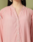 Pink Rayon Crinkle Shirt with Embroidered Back & Lace Inserts
