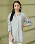 Sky Blue Rayon Crinkle Shirt with Embroidered Back & Lace Inserts