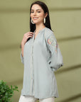 Sky Blue Rayon Crinkle Shirt with Embroidered Back & Lace Inserts