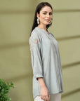 Sky Blue Rayon Crinkle Shirt with Embroidered Back & Lace Inserts