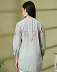 Sky Blue Rayon Crinkle Shirt with Embroidered Back & Lace Inserts