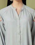Sky Blue Rayon Crinkle Shirt with Embroidered Back & Lace Inserts