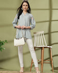 Sky Blue Rayon Crinkle Shirt with Embroidered Back & Lace Inserts