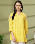Yellow Rayon Crinkle Shirt with Embroidered Back & Lace Inserts