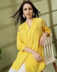 Yellow Rayon Crinkle Shirt with Embroidered Back & Lace Inserts