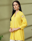 Yellow Rayon Crinkle Shirt with Embroidered Back & Lace Inserts