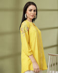 Yellow Rayon Crinkle Shirt with Embroidered Back & Lace Inserts