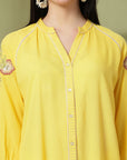 Yellow Rayon Crinkle Shirt with Embroidered Back & Lace Inserts