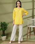 Yellow Rayon Crinkle Shirt with Embroidered Back & Lace Inserts