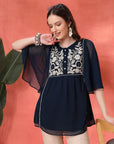 Flared Chiffon Top with Thread Embroidery and Umbrella Sleeves