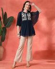 Flared Chiffon Top with Thread Embroidery and Umbrella Sleeves