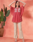 Flared Chiffon Top with Thread Embroidery and Umbrella Sleeves