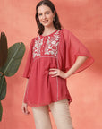 Flared Chiffon Top with Thread Embroidery and Umbrella Sleeves