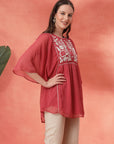 Flared Chiffon Top with Thread Embroidery and Umbrella Sleeves