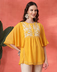 Flared Chiffon Top with Thread Embroidery and Umbrella Sleeves