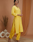 Embroidered Cotton Linen Kurta Set with Laced Dupatta