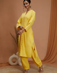 Embroidered Cotton Linen Kurta Set with Laced Dupatta