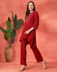 Solid Viscose Rayon Kurta Set with Ethnic Embroidery