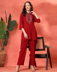 Solid Viscose Rayon Kurta Set with Ethnic Embroidery