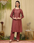 Zari Embroidered Blended Kurta Set with Full Sleeves & Palazzo