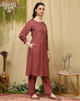 Zari Embroidered Blended Kurta Set with Full Sleeves & Palazzo